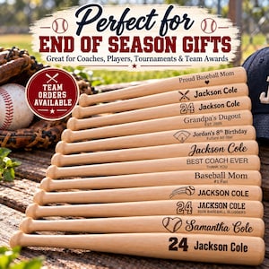 May include: A collection of light-colored wooden baseball bats, each engraved with custom text and graphics including names like Jackson Cole, Samantha Cole, and phrases such as Proud Baseball Mom, Grandpa's Dugout, and BEST COACH EVER.