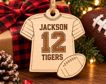 Personalized Wooden Football Jersey Ornament, Engraved Player Name & Number, Team Keepsake