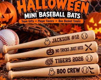 Personalized Halloween Mini Baseball Bat, Engraved Player Name & Number, Baseball Team Gift