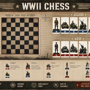Può includere: Una scacchiera a tema Seconda Guerra Mondiale con una griglia a scacchi bianchi e neri, etichettata 1940-1945. Il tabellone mostra pezzi militari degli Alleati e dell'Asse, inclusi soldati, carri armati e veicoli, con una guida illustrativa.
