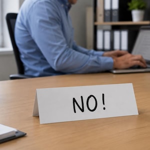 Può includere: Scena di scrivania con un cartello che recita "NO!" in nero. Una persona lavora su un laptop sullo sfondo. Altri oggetti includono un portapenne, un taccuino e una piccola pianta in vaso.