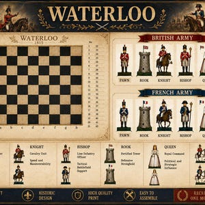 Può includere: Una stampa di un gioco di scacchi a tema Waterloo 1815 con una scacchiera centrale, illustrazioni degli eserciti britannico e francese ed etichette descrittive per pedoni, torri, cavalli, alfieri, regine e re. Il design include immagini militari storiche e istruzioni.