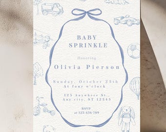 Blue Toile Baby Sprinkle Invitation | Vintage Toy Boy Baby Shower Canva Template (Digital Download)