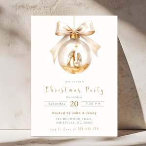 Kerststal uitnodigen kerstfeest bewerkbare gouden ornament canvas sjabloon 5 x 7 afdrukbaar