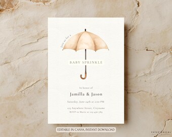 Editable Baby Sprinkle Invite, Gender Neutral Umbrella Design, Minimal Modern Canva Template