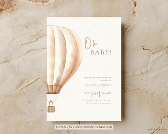 Gender Neutral Baby Shower Invitation, Beige Balloon Canva Template, Printable Oh Baby Invite