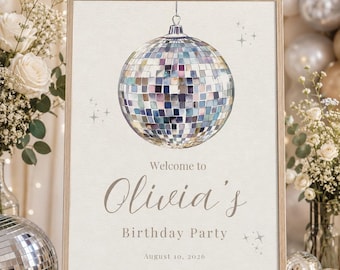 Disco Ball Birthday Welcome Sign | Hand-Painted Watercolor Template (Digital Download)