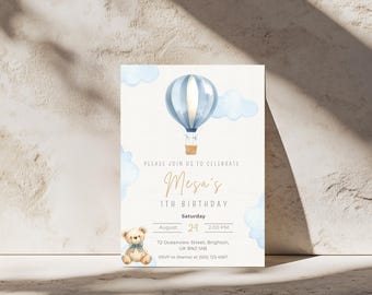 Invito di compleanno a tema mongolfiera / Invito per il primo compleanno di un bambino / Modello modificabile Canva
