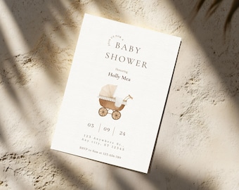 Sjabloon neutrale baby showeruitnodiging | Vintage kinderwagen aquarel uitnodiging (digitale download)