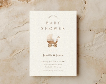 Neutrale babyshoweruitnodiging | Klassieke kinderwagen | Canva bewerkbare download