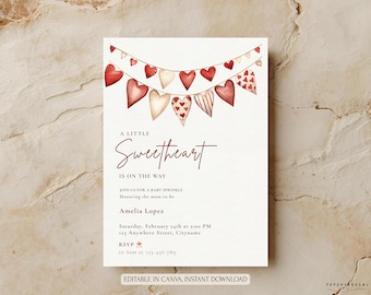 May include: A baby shower invitation with a banner of red heart-shaped flags. The text reads "A Little Sweetheart is on the Way." Details include the mom-to-be's name, date, time, location, and RSVP information. The invitation is editable in Canva.