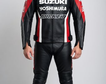 Suzuki Racing Leather Jacket Cowhide Biker Motorcycle Jacket Unisex Handmade Genuine Rider Jacket Heavy Duty Moto Jacket For Men & Women