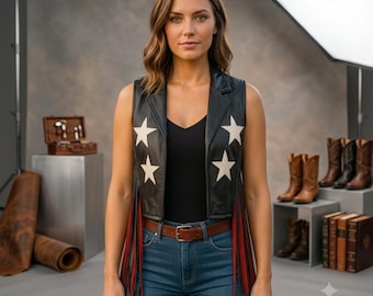 women fringe vest, black cowgirl vest, star festival vest, vest outfit, Rodeo vest, Patriotic Vest, leather vest