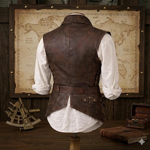 Herrväst i slitet brunt läder, steampunk piratväst, justerbart snörbälte, piratväst, piratkostym bild 3
