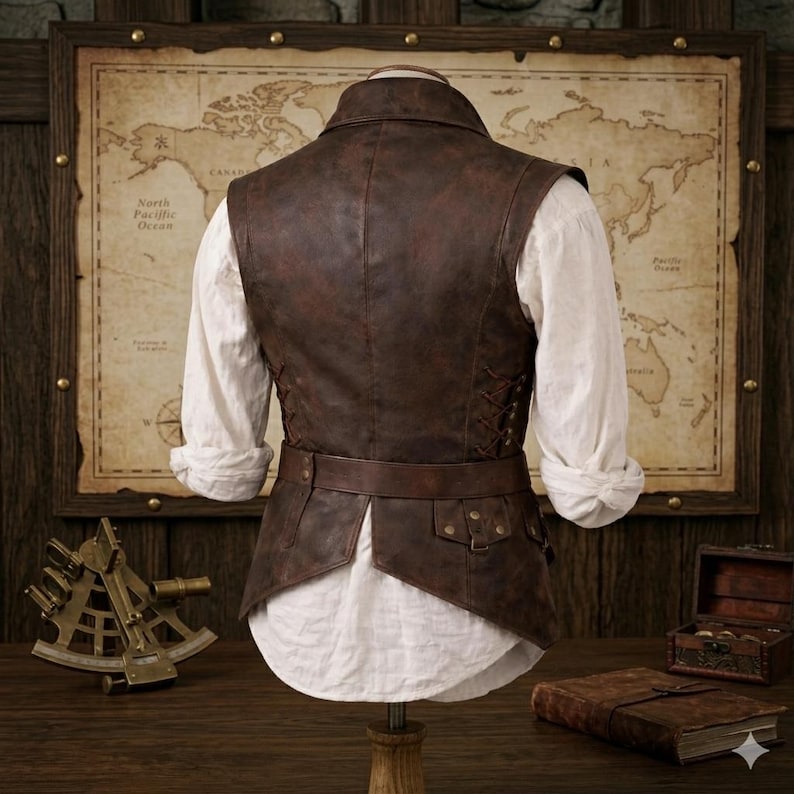 Herrväst i slitet brunt läder, steampunk piratväst, justerbart snörbälte, piratväst, piratkostym bild 3