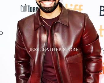 Drake Maroon Leather Bomber Jacket, Celebrity Style, Sheepskin Coat