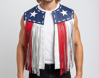 Colete de couro com franjas e bandeira americana, unissex, estilo faroeste, para festivais, colete de couro legítimo para motociclista, feito à mão, agasalho patriótico, ideal para festas de 4 de julho.