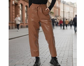Sheepskin Brown Leather Pant For Women With Drawstring Adjustable Relaxed Fit Handmade Stylish Leather Trouser Streetwear Y2k Outerwear