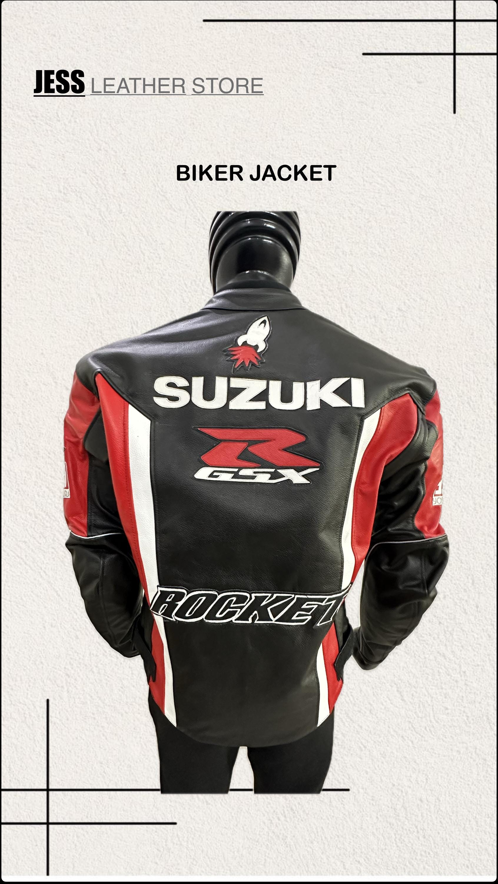 スズキレーシングレザージャケット、牛革バイカーモーターサイクル