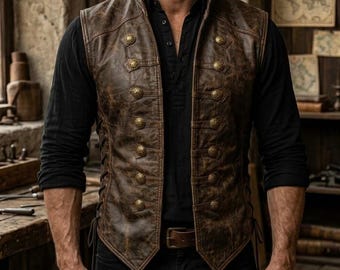 Men's Leather Vest, Steampunk Gothic Waistcoat, Medieval Lace-up Vest for Men, Handmade Vintage Leather Vest