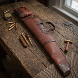 May include: A long, brown leather rifle case featuring a top handle, a small attached pouch, and a reinforced end cap. Beside the case are several metallic cartridges, a small rectangular metal tin, two wooden tools, and a small brass-headed hammer.