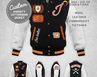 Custom Wool Varsity Jacket, Leather Sleeves, Embroidered Patches