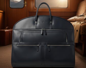 Handmade Black Leather Suit Carrier, Travel Garment Bag, leather carry on, gift for him, personalized wedding gift, christmas gift,
