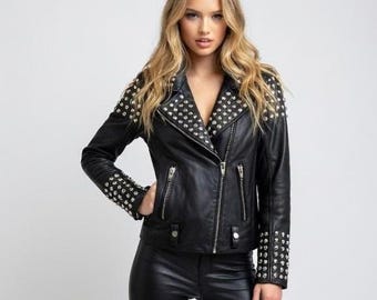 Women Studded Biker Leather Jacket Black Edgy Style Asymmetrical Zip Up Racing Jacket Steampunk Rider Jacket Genuine Leather Handmade