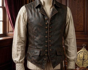 Jack Sparrow-väst, sliten steampunkväst i läder med antika mässingsknappar