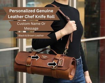 Personalized Leather Chef Knife Roll with Shoulder Strap Custom Name Engraved Handmade Genuine Leather Knife Case Culinary Gift