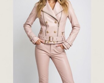 Women's Pink Lambskin Leather Biker Jacket with Gold Buttons & Belt