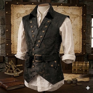 Herrväst i slitet brunt läder, steampunk piratväst, justerbart snörbälte, piratväst, piratkostym bild 4