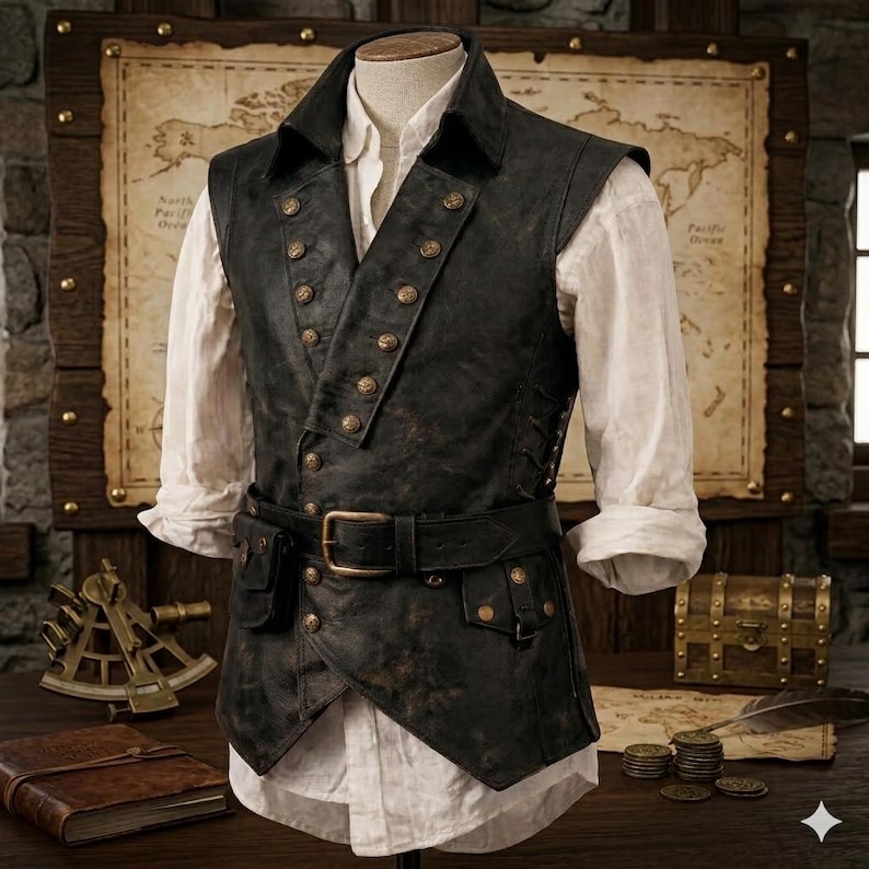 Herrväst i slitet brunt läder, steampunk piratväst, justerbart snörbälte, piratväst, piratkostym bild 4