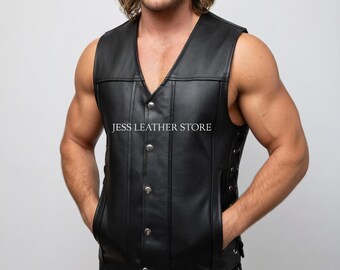 Handmade Black Buffalo Leather Biker Vest: Sleeveless Motorcycle Jacket