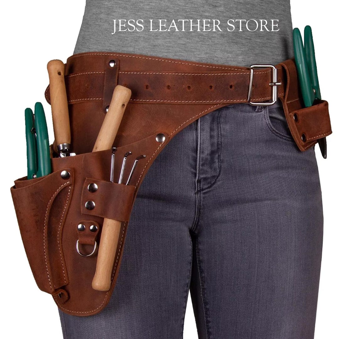 Handmade Full Grain Leather Tool Belt – Brown, Medium 4-Pocket – Adjustable 18-53" Waist – For Gardeners, Electricians, Carpenters