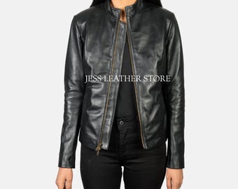 Women's Black Sheepskin Leather Biker Jacket - Cropped Bomber