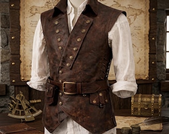Men's Distressed Brown Leather Vest, Steampunk Pirate Waistcoat, Adjustable Lacing Belt, Pirate vest, Pirate costume
