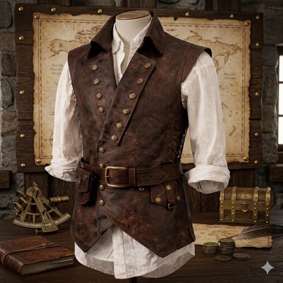 Men's Distressed Brown Leather Vest, Steampunk Pirate Waistcoat, Adjustable Lacing Belt, Pirate vest, Pirate costume