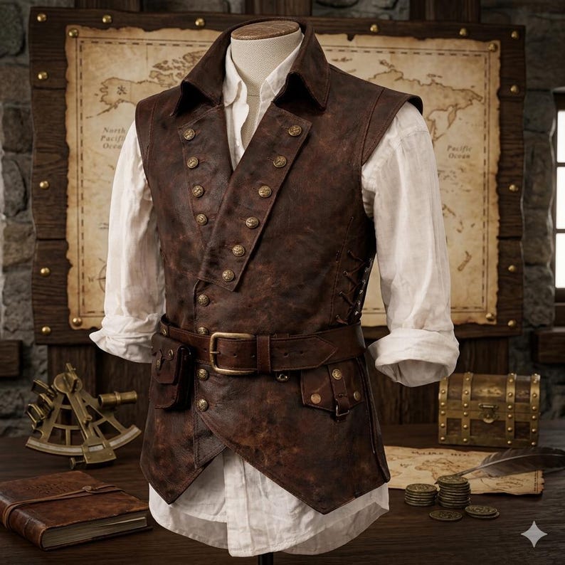 Herrväst i slitet brunt läder, steampunk piratväst, justerbart snörbälte, piratväst, piratkostym bild 1