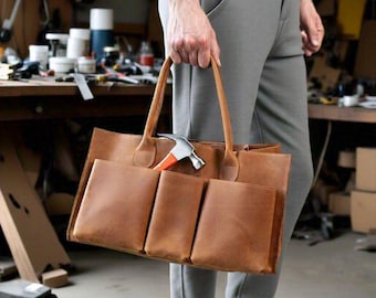 Leather Tool Tote - Brown with Pockets