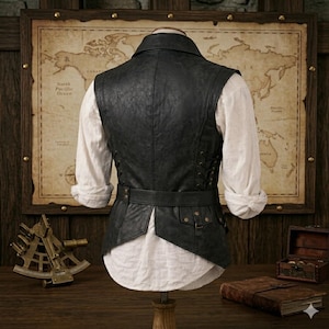 Herrväst i slitet brunt läder, steampunk piratväst, justerbart snörbälte, piratväst, piratkostym bild 5