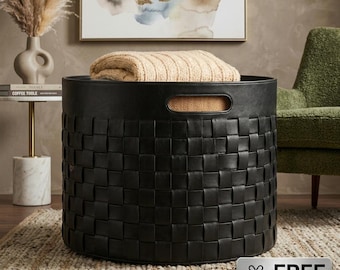 Black Leather Woven Storage Basket with Fabric Insert | Large Round Floor Basket, Cozy Living Room Blanket Holder, Decorative Home Bin