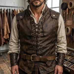 Pirate Leather Vest, Genuine Brown Lace-Up Men's Costume