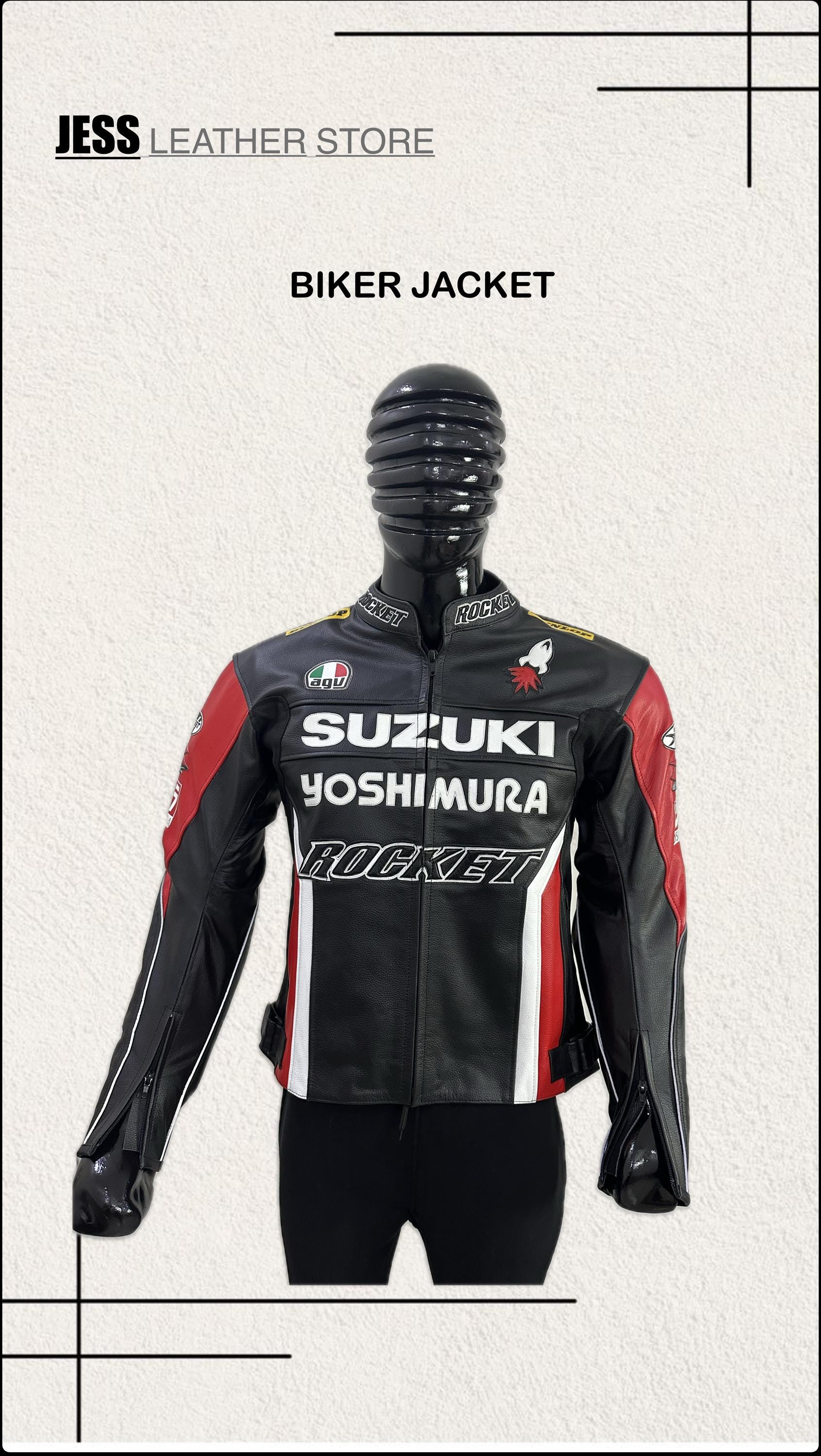 スズキレーシングレザージャケット、牛革バイカーモーターサイクル
