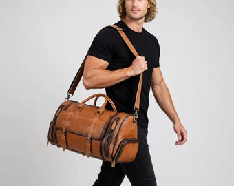 Men Leather Duffle Bag With Shoe Compartment Personalized  Cowhide Weekender Bag Large Capacity Brown Carryall Bag For Husband, Boyfriend