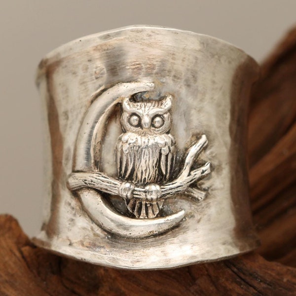 Owl Ring, Sterling Silver Bird Ring, Wide Band Thumb Ring, Owl On Branch, Owl Moon, Hammered Rings For Women, Whimsigoth Jewelry, Silver Owl