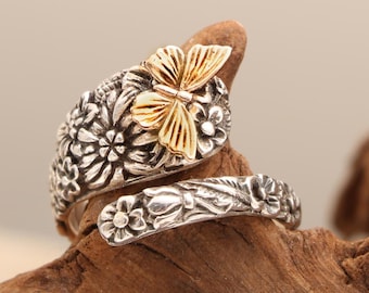Sterling Silver Spoon Ring, Sterling Butterfly Ring, Vintage Style Spoon Ring, Flower Spoon Ring, Butterfly Spoon Ring, Butterfly Jewelry
