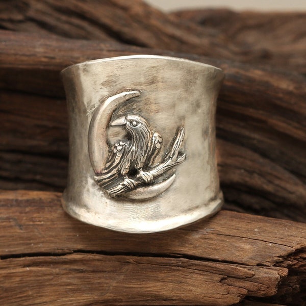 Raven Ring Men, Sterling Silver Bird Ring, Wide Band, Thumb Ring, Crow Ring, Nature Lover Gifts, Pagan Rings For Women, Animal Jewelry