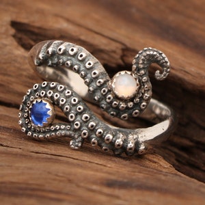 Octopus Ring Sterling Silver, Tentacle Ring, Octopus Jewelry Women, Personalized Stones, Wrap Around Ring, Handmade Jewelry, Ocean Ring