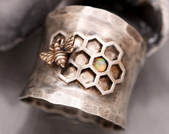 Bee Ring, Sterling Silver Opal Ring, October Birthstone, Save The Bees, Bee Gifts For Women, Wide Band Ring, Thumb Ring, Honeycomb,Beekeeper